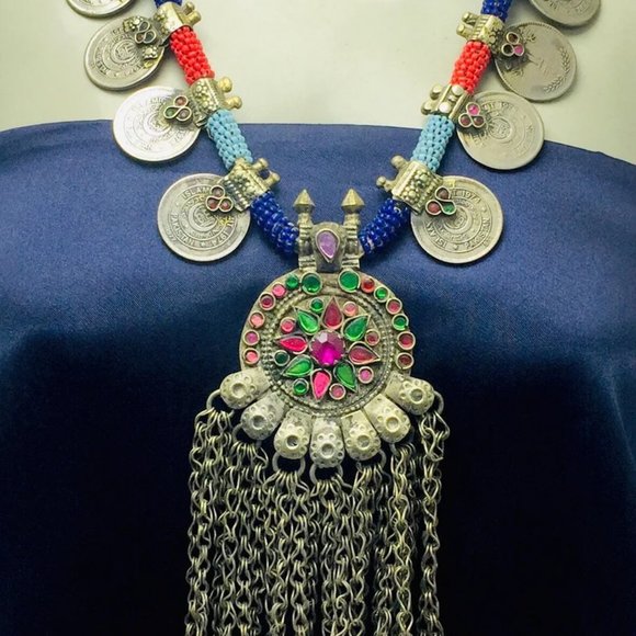 Vintage Coins Necklace With Dangling Pendant,Tribal Beaded Pendant Necklace - Picture 1 of 9